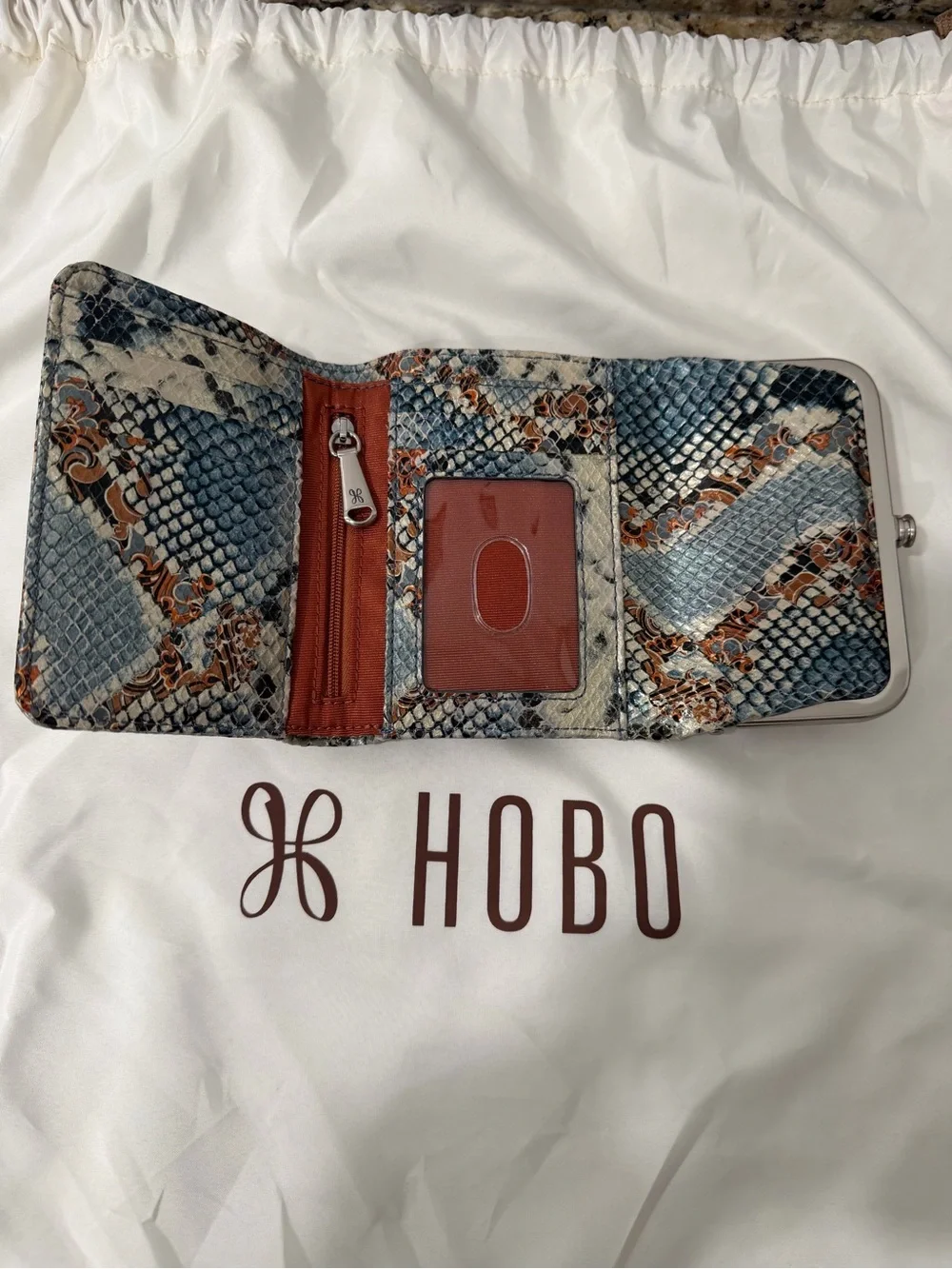 HOBO Blue and Brown Snake-Print Leather Robin Frame Wallet
